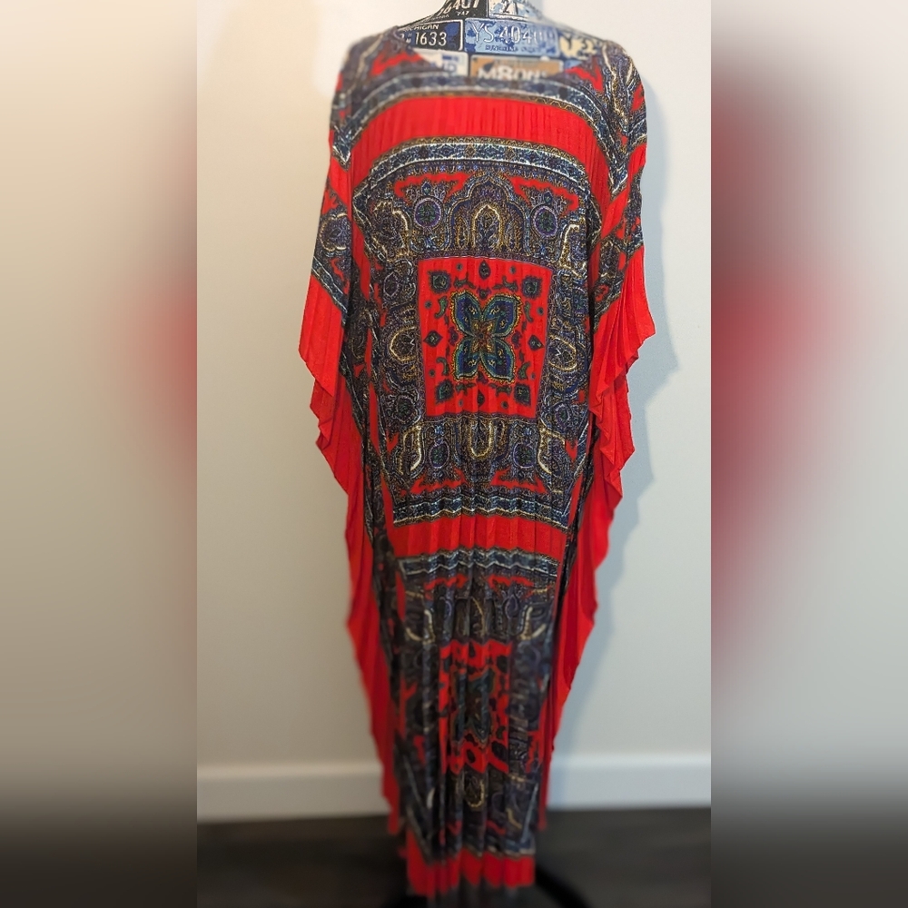 Vintage 60s Greenecastle Accordion Pleated Drawstring Caftan MuMu Maxi Dress